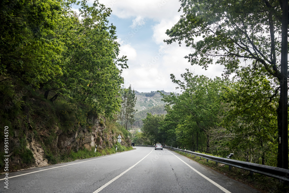 Fototapeta premium Image of a section of national road 103, N103, between the municipalities of Viana do Castelo and Bragança, surrounded by beautiful and verdant spring vegetation. 