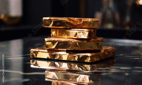  a stack of gold bars sitting on top of a table.  generative ai