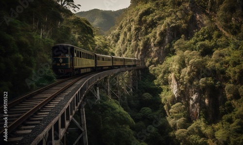  a train traveling over a bridge over a lush green forest. generative ai