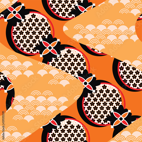 Beautiful japanese seamless pattern with clouds, waves plum, fan, sakura flower Vector template kimono asian texture. For printing on packaging, textiles, paper,fabric, manufacturing, wallpaper