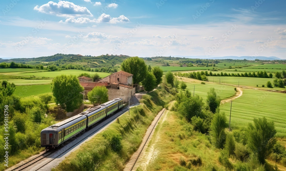  a train traveling through a lush green countryside next to a lush green field.  generative ai