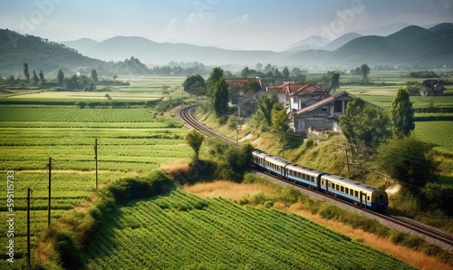  a train traveling through a lush green countryside next to a lush green field.  generative ai