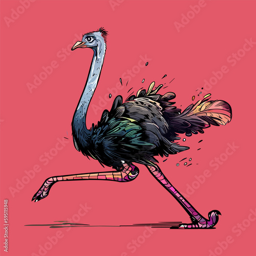 Colored vector  inked style ostrich wall art