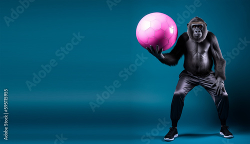Studio shot of gorilla in dress holding ball  stylized as sports model  against blue copy space background. generative ai