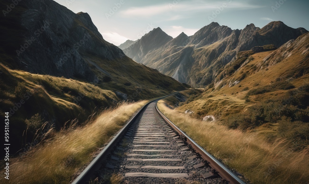  a train track running through a mountainous area with mountains in the background.  generative ai
