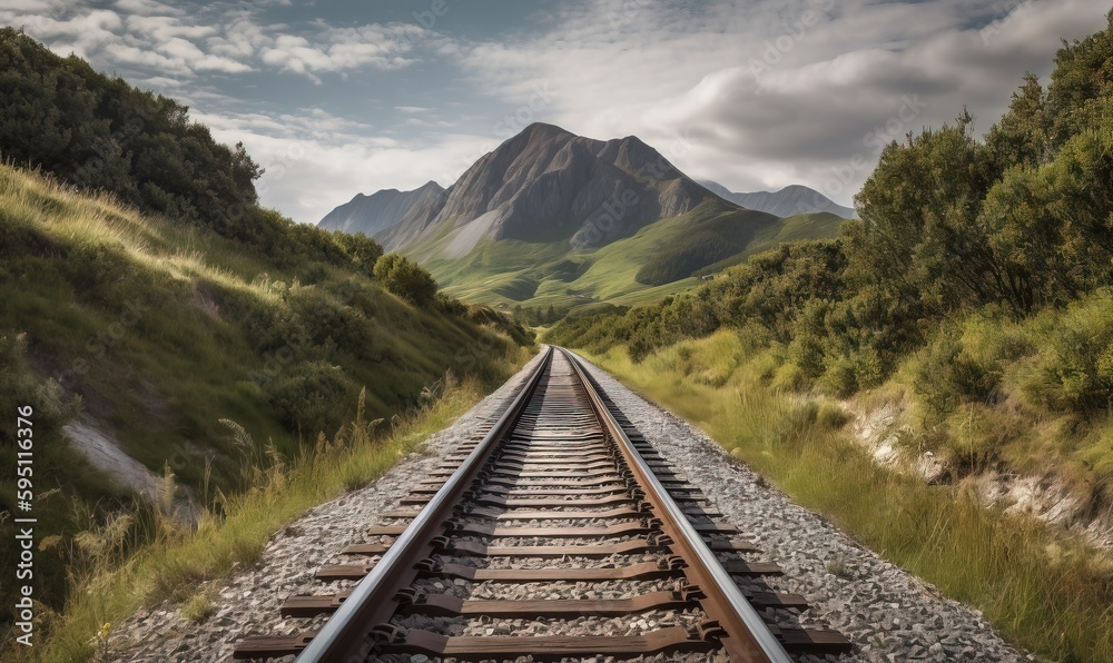  a train track with a mountain in the background and a cloudy sky.  generative ai