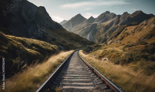  a train track running through a mountainous area with mountains in the background. generative ai