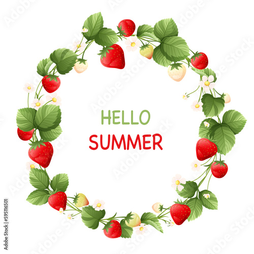 Vector strawberry fruits and blossoms wreath illustration