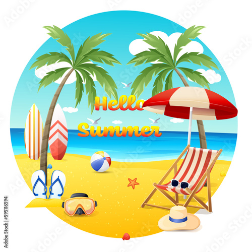 Vector summer illustration Hello Summer Summer beach vector design on the seashore with umbrella and chair. Summer background vector illustration for beach holidays