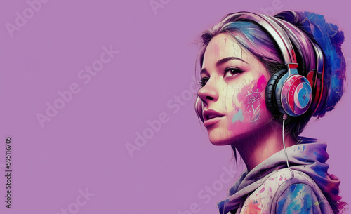 Portrait of a girl with headphones on a pink background in the art style. Copy space. AI generative