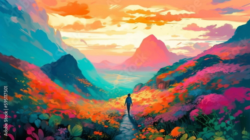 Canvas painting. Anime style. Mountains. Garden. Generative AI.