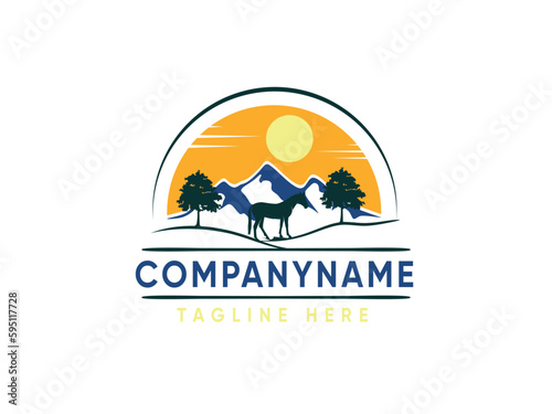 Horse with mountain logo vector. Silhouette of horse head and hill illustration. Icon for professional ranch also wild tourism traveling business company. For web sites, brands, apps photo