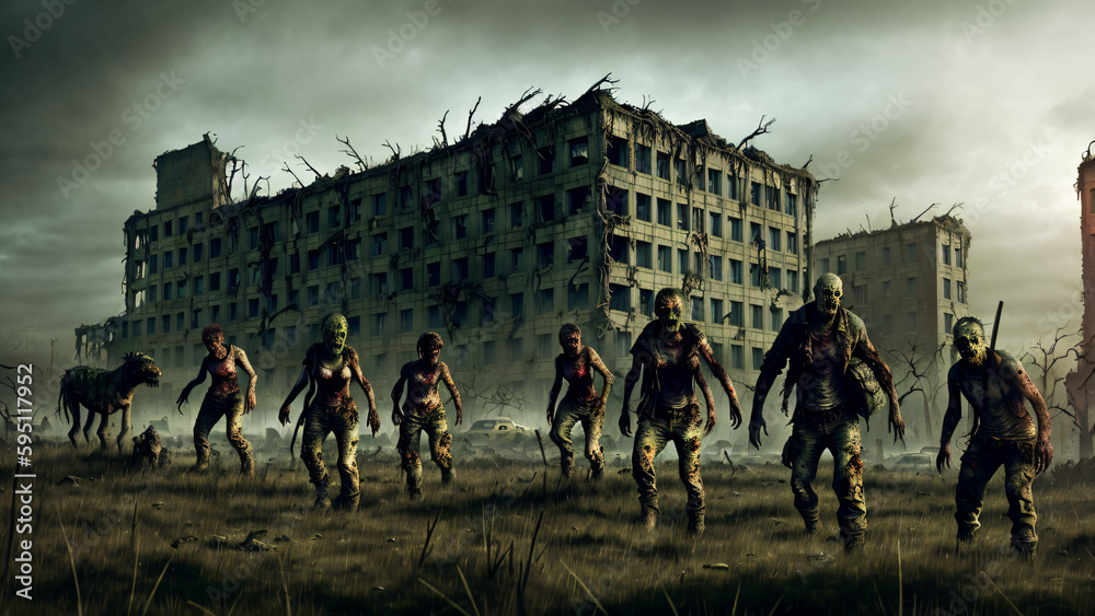 Zombie horde. Zombie apocalypse scene. Generative ai Stock Illustration