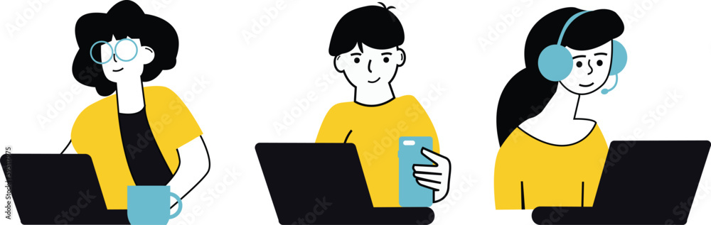 Set of vector illustrations of people working online. Design elements for the design of banners, and other promotional products on the topic of online work. Set of vector illustrations of people working online. Design elements for the design of banners, and other promotional products on the topic of online work.