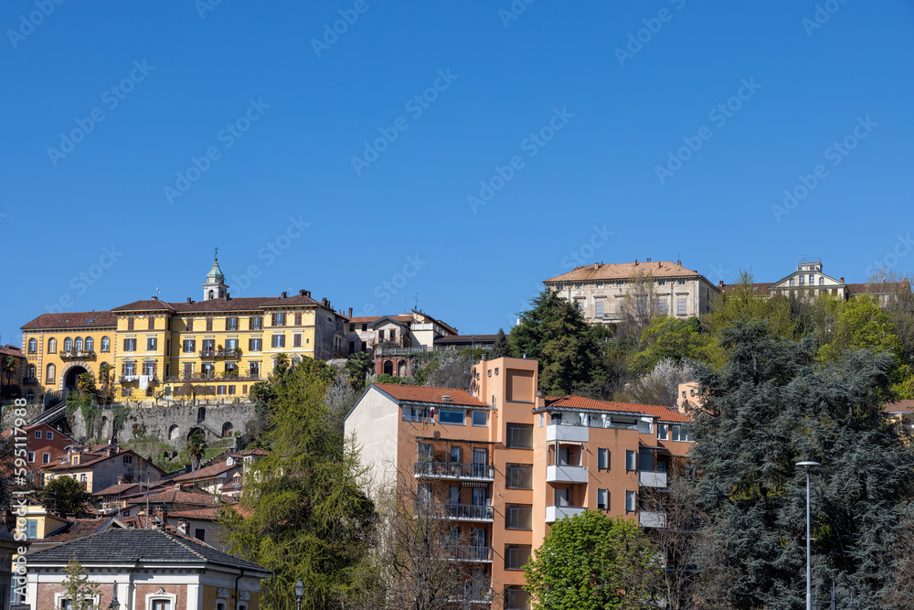 View over the old town of Biella in Italy in spring