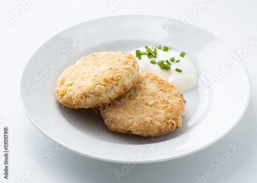 fish cutlet with sour cream on a white background