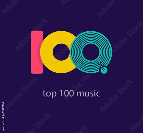 Top 100 music logos. Unique colors. Creative music record shape logo template. vector