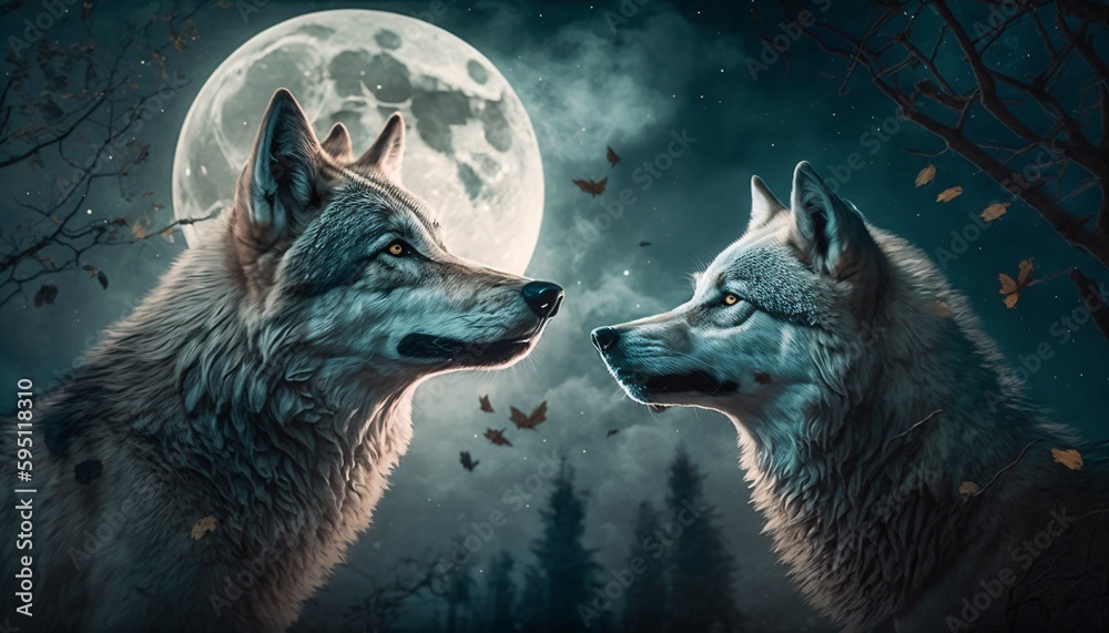 Fototapeta two wolves in the moonlight, generative ai