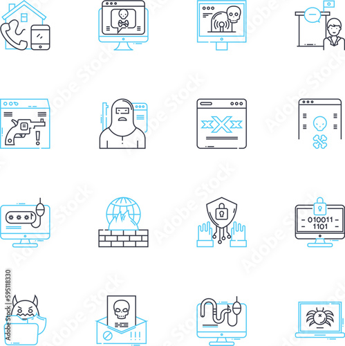 Tricksters linear icons set. Deception, Prankster, Mischievous, Cunning, Jester, Schemer, Rascal line vector and concept signs. Mirthful,Sneaky,Joker outline illustrations