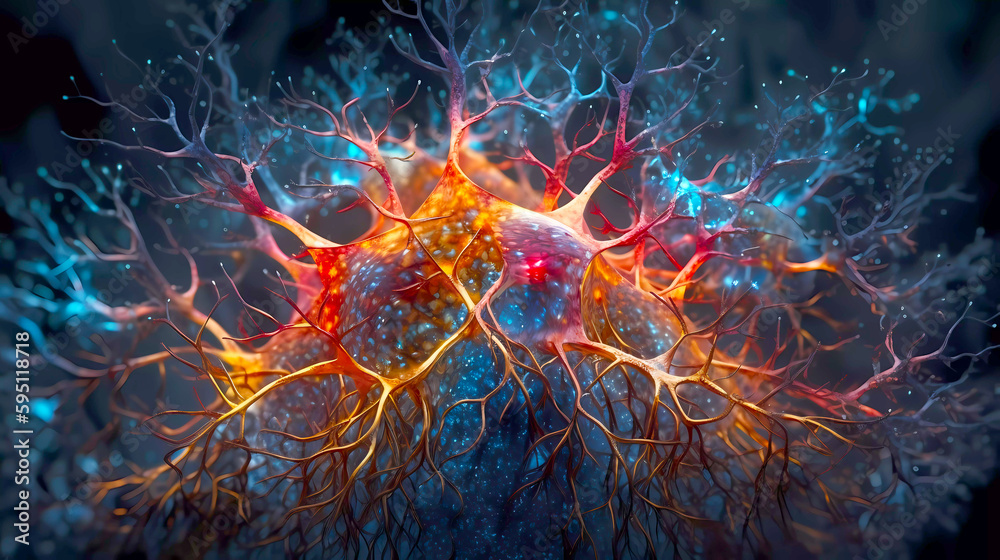 Microscopic neuron synapse under a microscope. Colorful digital background. Microscopic neuron synapse under a microscope. Colorful digital background.