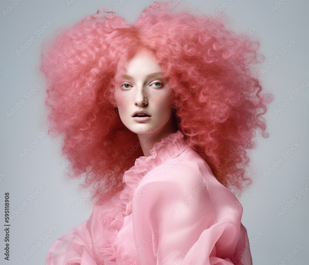 Fototapeta premium Portrait of beautiful woman with pink curly hair. AI generated image.