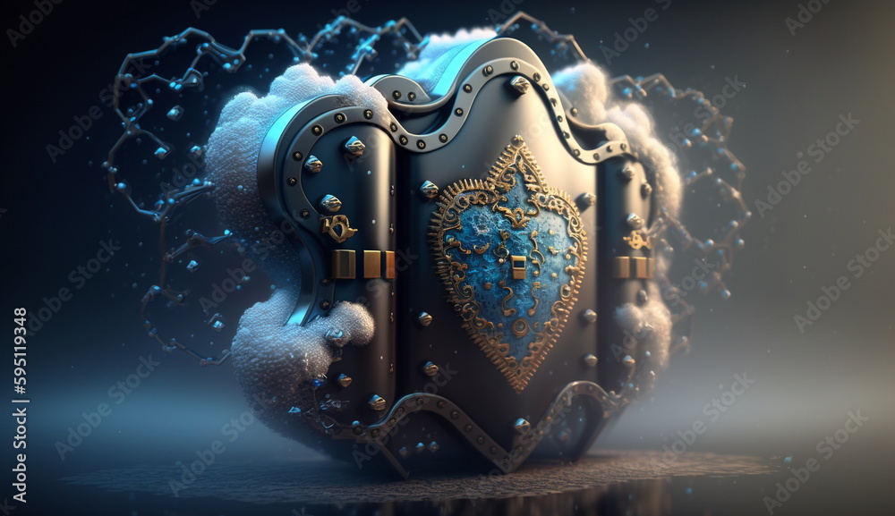 Fototapeta premium Cloud computing and cyber data protective with lock and big shield. Based on Generative Ai.