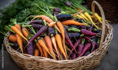  a basket filled with lots of different colored carrots next to other vegetables.  generative ai