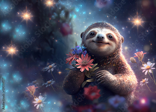 Fairytale sloth with flowers. Night landscape. Emotions of happiness. For a children's book. Copy space. Banner. Generative AI photo
