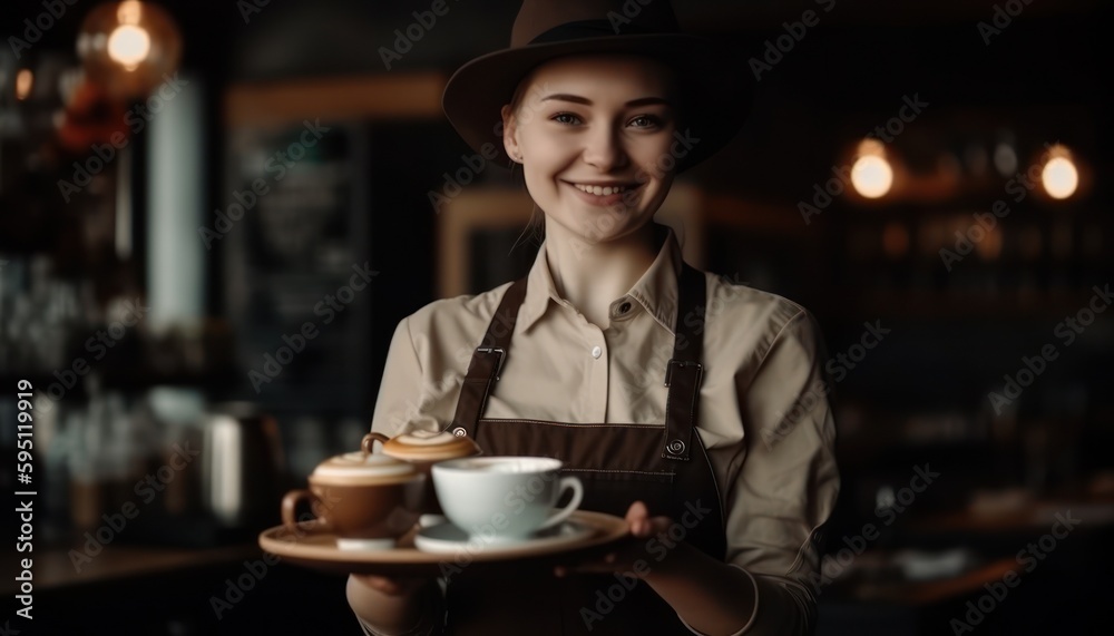 Happy waitress holding tray with coffee cup. Generative AI