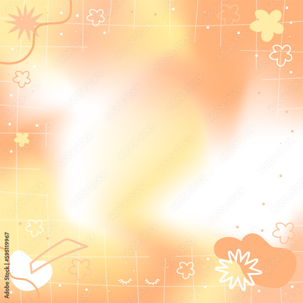 Pastel yellow orange blurry Mesh Gradient Abstract Square Banner Background with Copy Space and Hand-drawn Kawaii Y2K Elements - Smooth and Rounded Line doodles