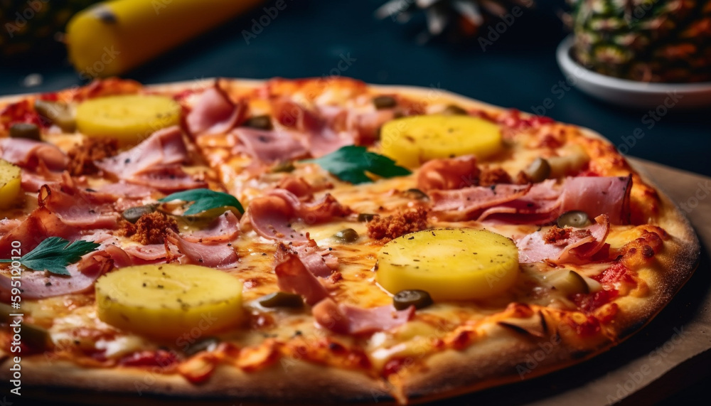 Freshly baked gourmet pizza on rustic wood table generated by AI Freshly baked gourmet pizza on rustic wood table generated by AI