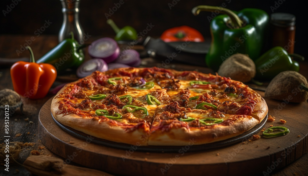 Freshly baked rustic pizza on wooden table generated by AI