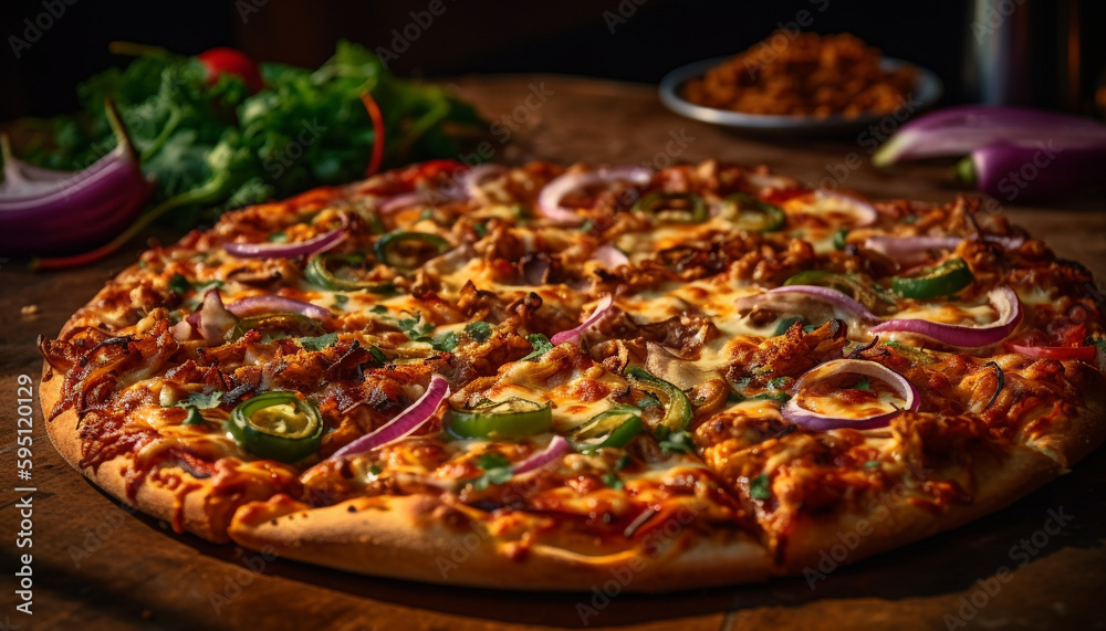 Freshly baked pizza on rustic wooden table generated by AI