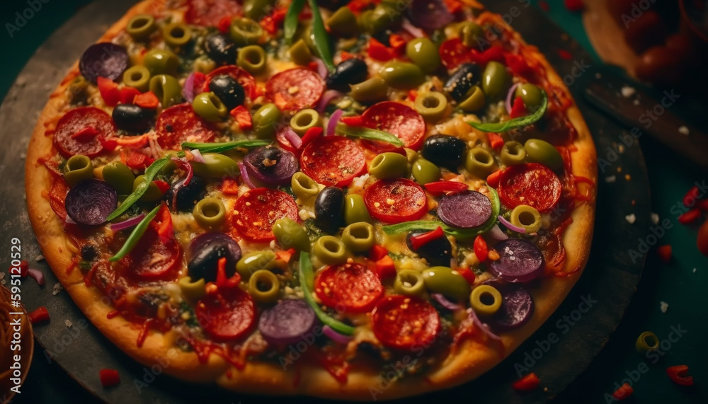 Freshly baked pizza on rustic wooden table generated by AI Freshly baked pizza on rustic wooden table generated by AI