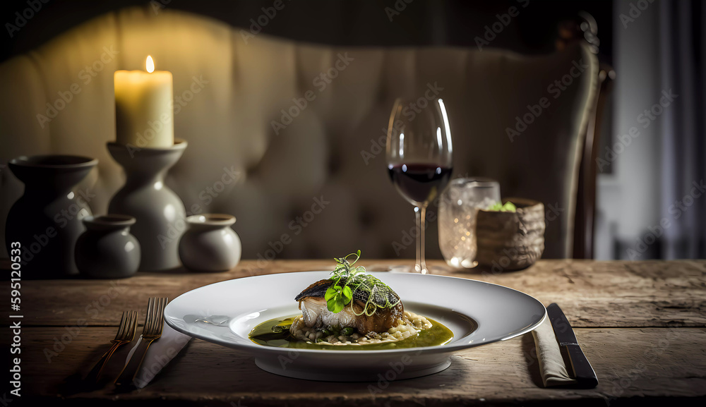 Haute cuisine. A fish dish. Banner. Copy space. Generative AI Haute cuisine. A fish dish. Banner. Copy space. Generative AI