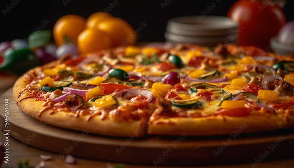 Freshly baked pizza on rustic wooden table generated by AI Freshly baked pizza on rustic wooden table generated by AI