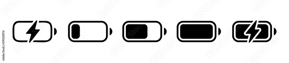 Battery GSM icon set. Isolated black smartphone battery level indicator icons on white background. Concept power, energy, low , full, emplty, load. UI elements symbols. Flat icon. - obrazy, fototapety, plakaty 