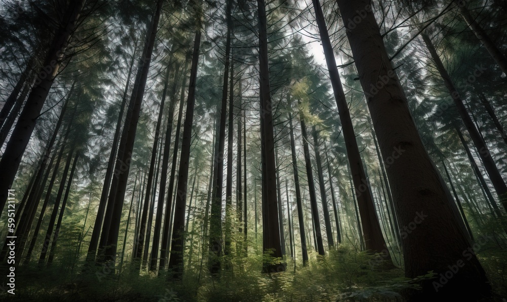 Obraz premium a forest filled with lots of tall trees and green grass. generative ai