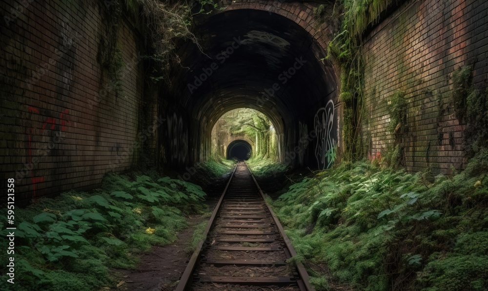  a train track going through a tunnel with a person walking down it.  generative ai