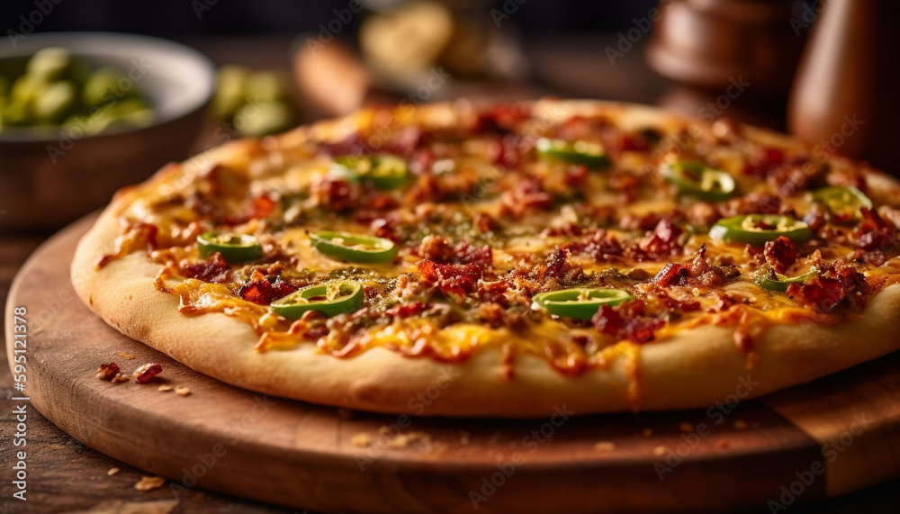 Freshly baked pizza on rustic wooden table generated by AI