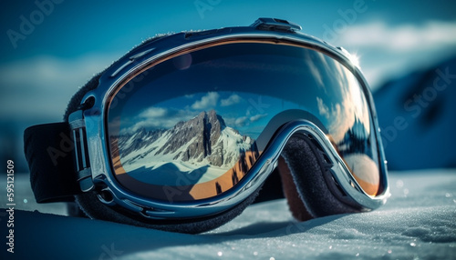 Ski goggles protect eyes on snowy mountain slopes generated by AI