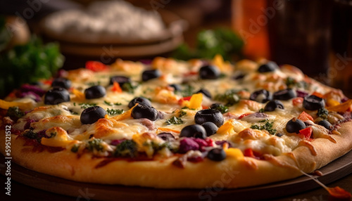 Freshly baked gourmet pizza with mozzarella and vegetables generated by AI