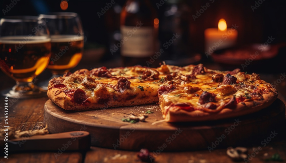 Rustic pizza baked with fresh mozzarella and meat generated by AI