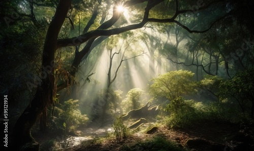  a forest with sunbeams shining through the trees and rocks. generative ai