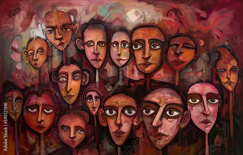 A crowd of people, closeup on faces, identity disorder concept illustration, generative ai