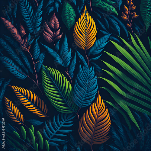 Pattern of drawing tropical leaves in a modern style, jungle exotic print texture of natural elements on a black background, created by Generative AI