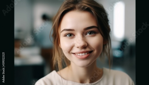 Portrait of young woman with perfect smile look at camera. Generative AI