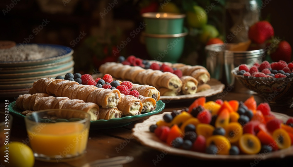 Abundance of fresh berry fruit on rustic table generated by AI