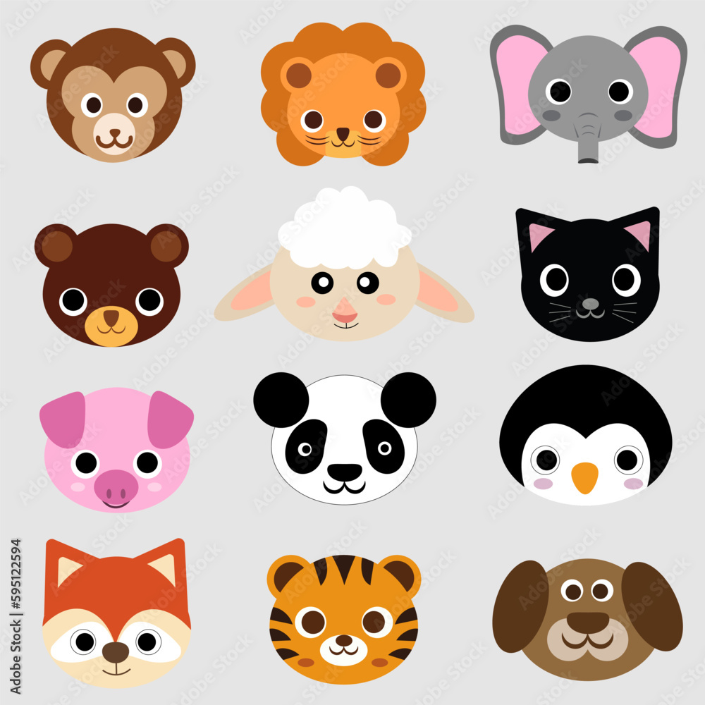 Big set of cute funny animals faces. Isolated objects on white background. Hand drawn vector illustration. Scandinavian style flat design. Concept for children print. Big set of cute funny animals faces. Isolated objects on white background. Hand drawn vector illustration. Scandinavian style flat design. Concept for children print.