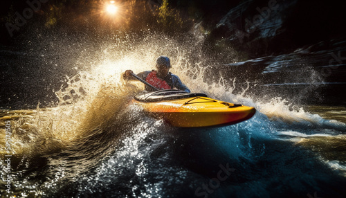 Men driving nautical vessel, spraying water, kayaking generated by AI